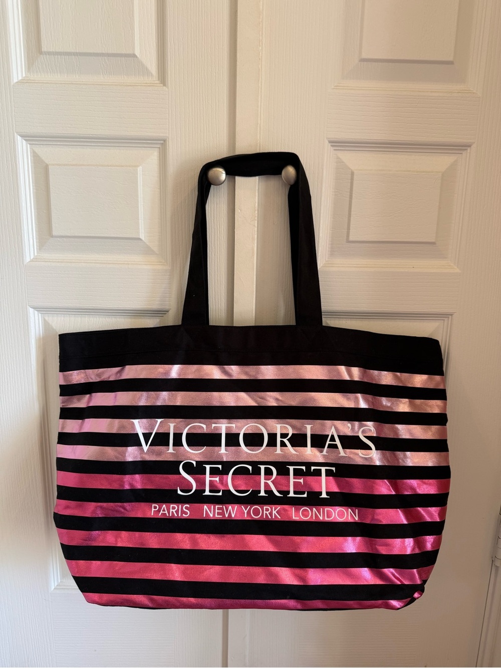 Victoria's Secret Black and Pink Striped Tote